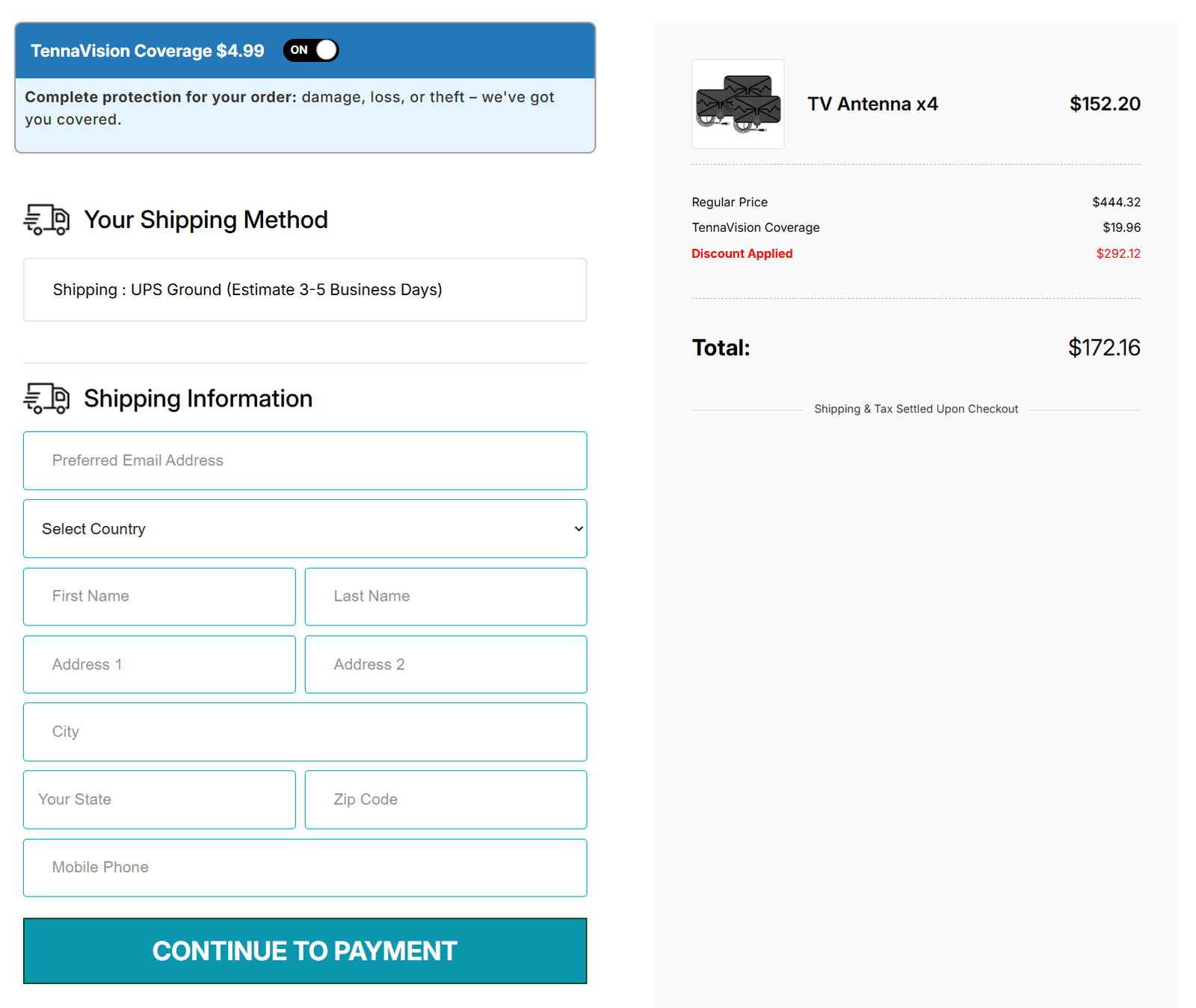 TennaVision Digital Antenna checkout page